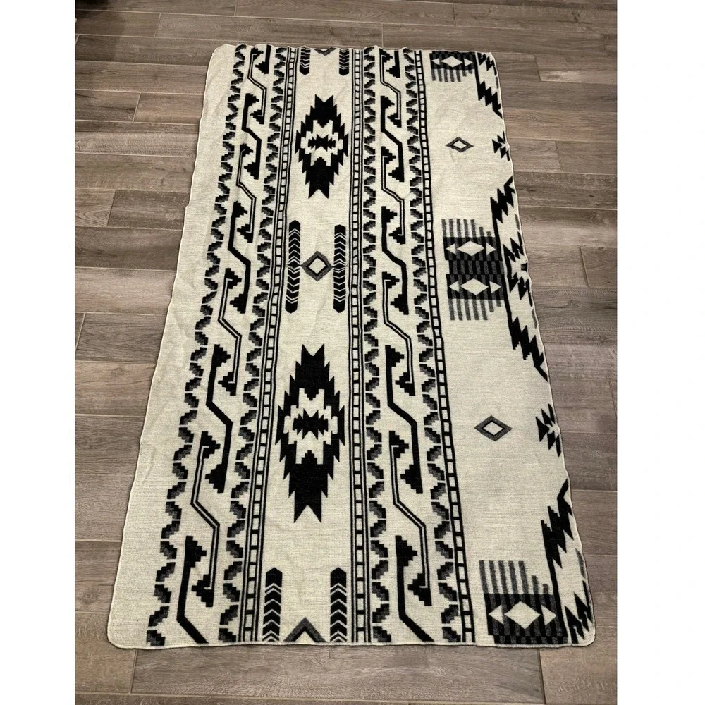 Black White Southwestern Geometric Blanket Throw Reversible 79x45 Boho Western
